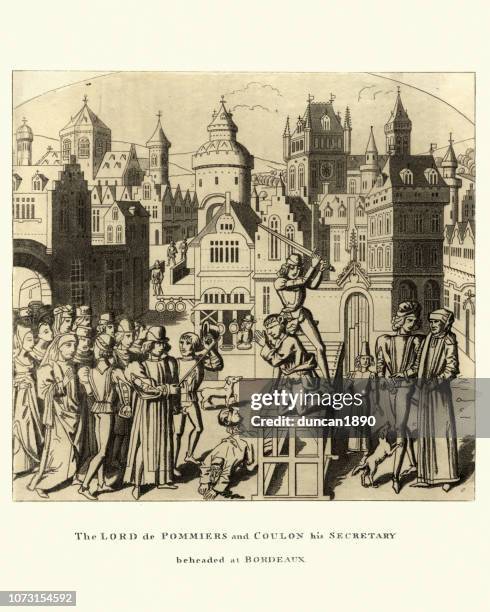 medieval public execution of lord de pommiers, bordeaux - medieval execution stock illustrations