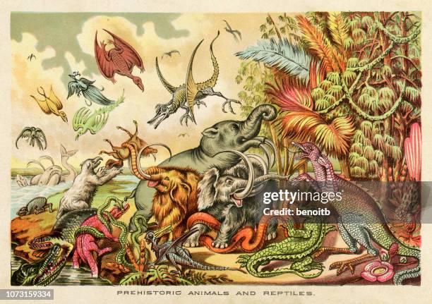 prehistoric animals and reptiles - dinosaur illustration stock illustrations