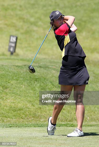 Emily Perry of Waikato hits a drive at the 18th hole during the semi-finals on the final day of the Women's Interprovincial Golf Championship at...