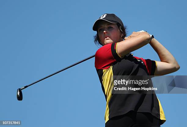 Emily Perry of Waikato hits a drive at the 14th hole during the semi-finals on the final day of the Women's Interprovincial Golf Championship at...