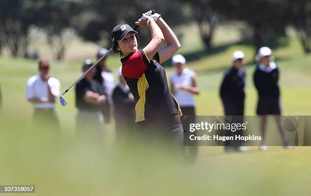 Emily Perry of Waikato plays a shot off the fairway at the 17th hole during the semi-finals on the final day of the Women's Interprovincial Golf...