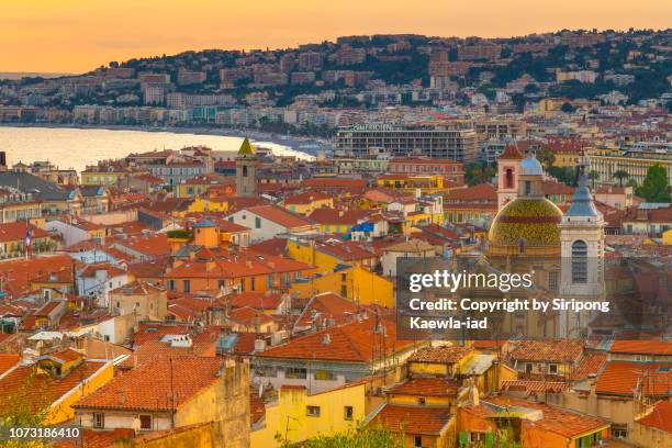 close up of high angle view of nice city at sunset, france. - provence france stock pictures, royalty-free photos & images