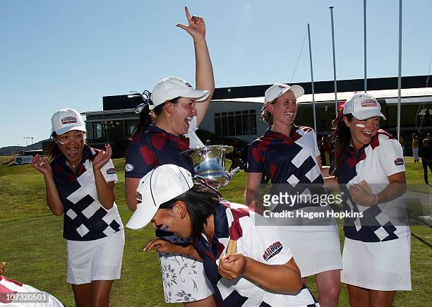 Rica Tse, Rebekah Brownlee, Julietta Lam, Kristin Farrell, and Faye Amy Nickson of North Harbour celebrate their finals win during the final day of...