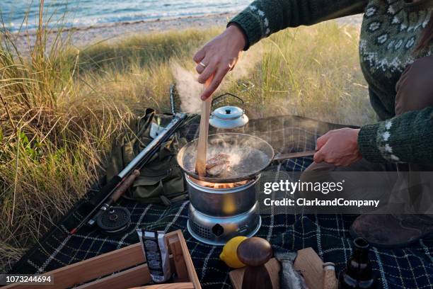 visser koken haar vangst op het strand - camping stove stockfoto's en -beelden