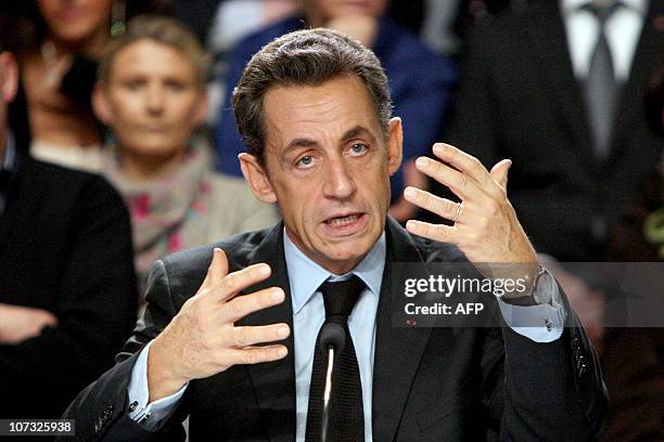 French president Nicolas Sarkozy gestures as he holds a roundtable at the liberal and ambulatory Health centre in Orbec, northwestern France, on...