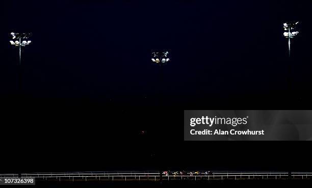 Runners race down the back straight in The Best Odds Guaranteed At mobile.williamhill.com Maiden Stakes at Kempton Park racecourse on December 04,...