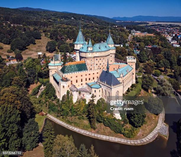 bojnice castle aerial, slovakia - slovakia castle stock pictures, royalty-free photos & images