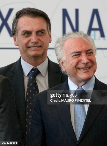 Brazil's President Michel Temer and Brazil's President-elect Jair Bolsonaro, attend the launch ceremony of the Brazilian Riachuelo Class Submarine at...