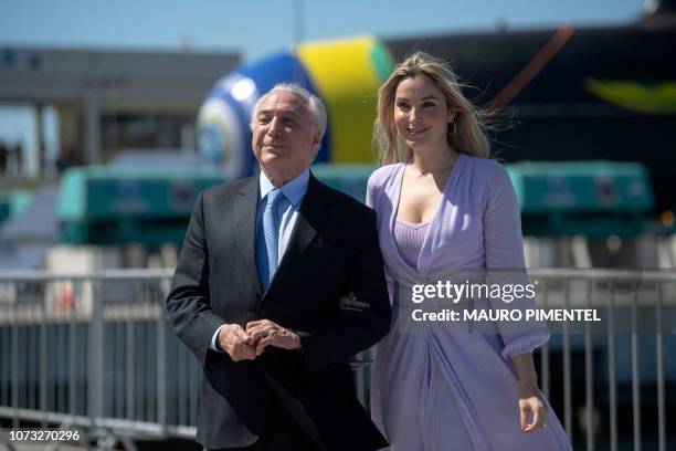 Brazil's President Michel Temer and his wife Marcela Temer, attend the launch ceremony of the Brazilian Riachuelo Class Submarine at a navy base in...
