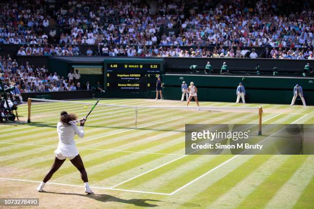 Serena Williams of USA in action against Angelique Kerber of Germany in the Ladies Singles Final on center court during The Wimbledon Lawn Tennis...