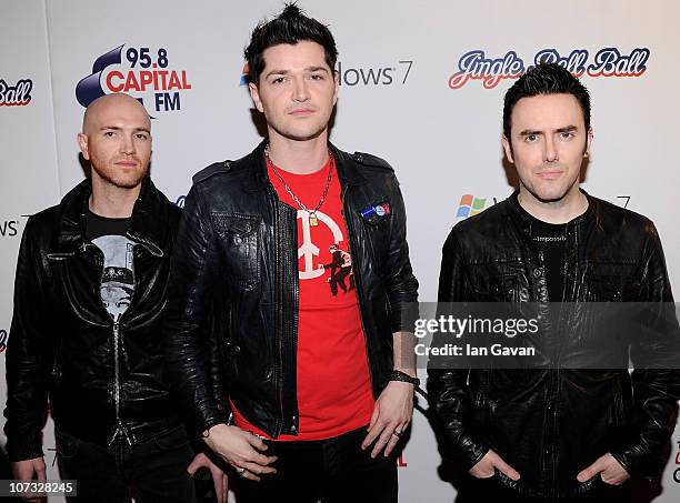 Mark Sheehan, Gary O'Donoghue and Glen Power from The Script attend Jingle Bell Ball 2010 at O2 Arena on December 4, 2010 in London, England.