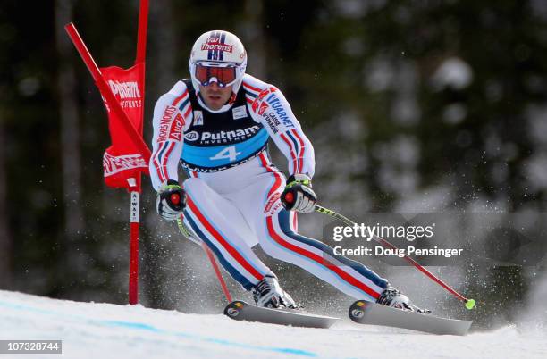 Adrien Theaux of France skis to second place in the Men's Super Giant Slalom at the Audi FIS World Cup Birds of Prey on December 4, 2010 in Beaver...