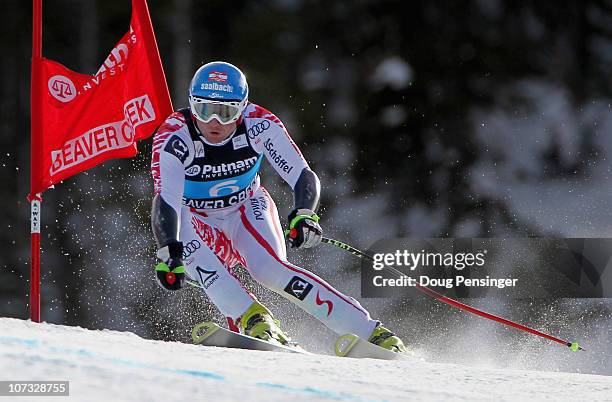 Georg Streitberger of Austria skis to first place in the Men's Super Giant Slalom at the Audi FIS World Cup Birds of Prey on December 4, 2010 in...