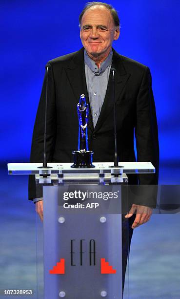 Swiss actor Bruno Ganz receives a European Film Academy lifetime achievement award on December 4, 2010 at the 23rd European Film Awards, the...