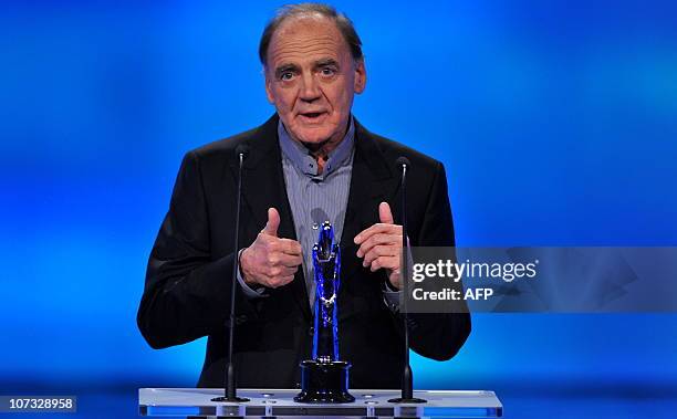 Swiss actor Bruno Ganz speaks after receiving the European Film Academy lifetime achievement award on December 4, 2010 at the 23rd European Film...