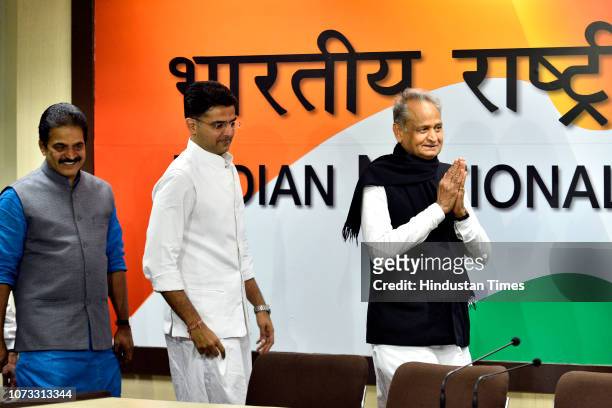 Rajasthan Congress President Sachin Pilot , senior party leader Ashok Gehlot and AICC General Secretary KC Venugopal arrive for a press conference at...