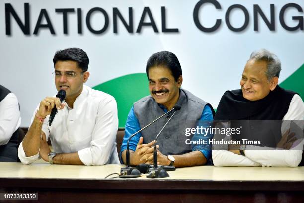 Rajasthan Congress President Sachin Pilot , senior party leader Ashok Gehlot and AICC General Secretary KC Venugopal during a press conference at...