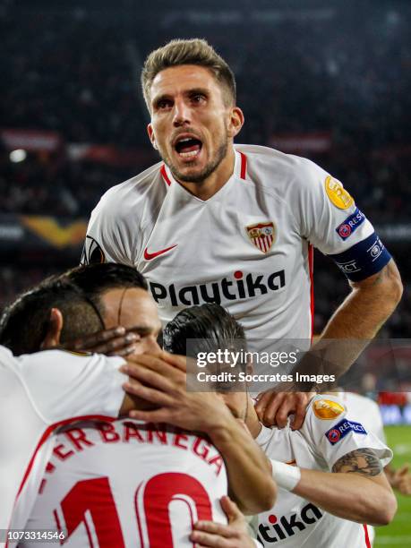 Roque Mesa of Sevilla FC, Escudero of Sevilla FC, Daniel Carrico of Sevilla FC during the UEFA Europa League match between Sevilla v Krasnodar at the...