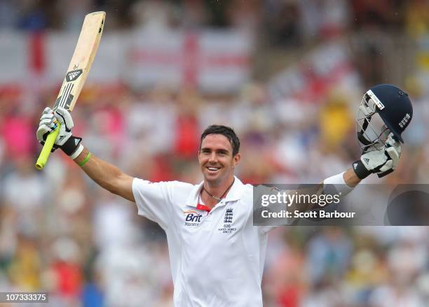 Kevin Pietersen of England celebrates after reaching his double century during day three of the Second Ashes Test match between Australia and England...