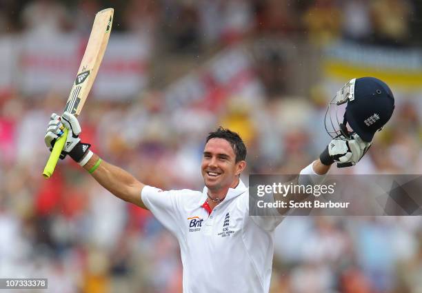 Kevin Pietersen of England celebrates after reaching his double century during day three of the Second Ashes Test match between Australia and England...