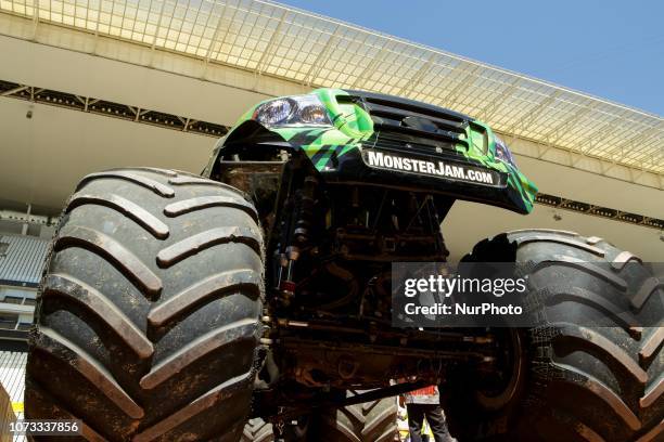 Monster Trucks, part of the Monster Jam event, the largest four-wheel action event in the world, are shown for the press at the Corinthians Arena in...