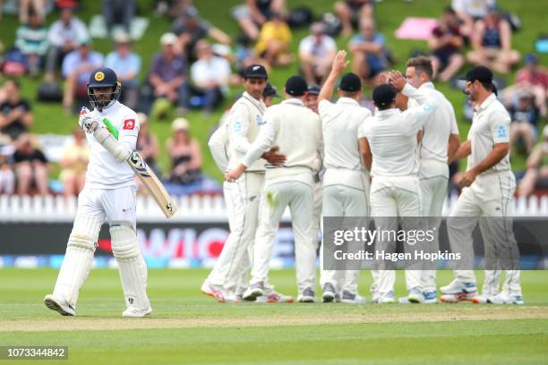 Dhananjaya De Silva of Sri Lanka leaves the field after being dismissed during day one of the First Test match in the series between New Zealand and...