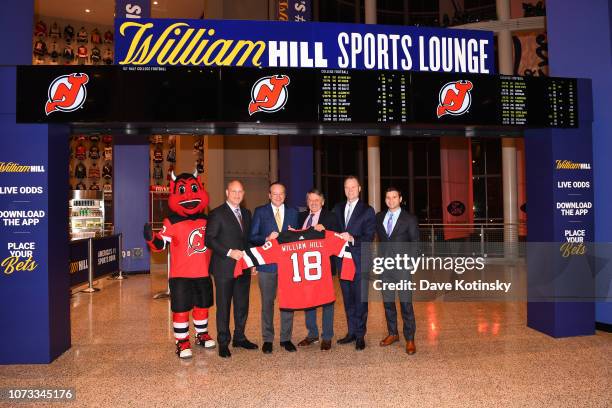 New Jersey Devils Alumnus and MSG Broadcaster Ken Daneyko, William Hill CEO Joe Asher, New Jersey Devils Alumnus and New Jersey Devils Hockey Network...