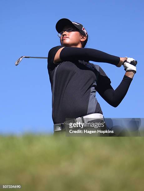 Julianne Alvarez of Wellington hits a tee shot at the 13th hole during the semi-finals on the final day of the Women's Interprovincial Golf...