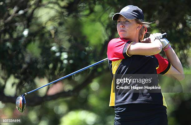 Charlotte Willson of Waikato hits a drive at the 9th hole during the final on the final day of the Women's Interprovincial Golf Championship at...