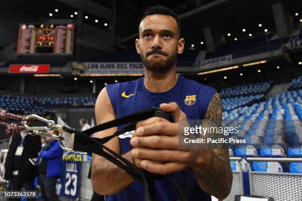 Ádám Hanga, #8 of Barcelona Lassa warms up prior the 2018/2019 Turkish Airlines EuroLeague Regular Season Round 12 game between Real Madrid and FC...
