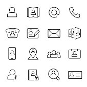 Contact, icon set. Communication and contacts, linear icons. Line with editable stroke
