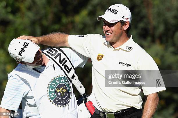 Lee Westwood and caddie Billy Foster during the final round of the Nedbank Golf Challenge at Gary Player Country Club on December 05, 2010 in Sun...