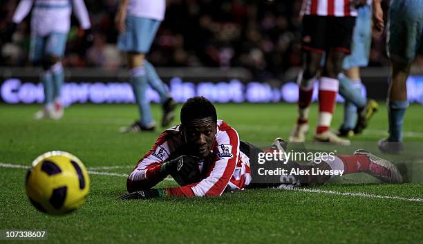 Asamoah Gyan of Sunderland reacts to a missed chance during the Barclays Premier League match between Sunderland and West Ham United at the Stadium...