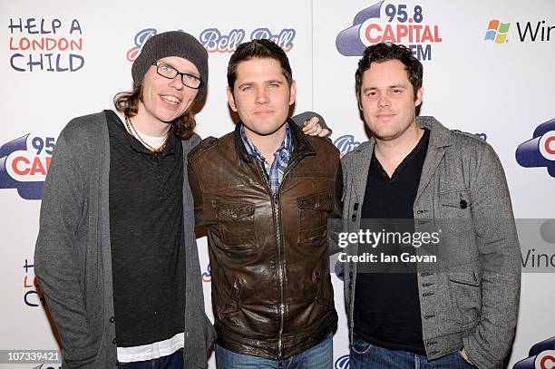 Greg Churchouse, Roy Stride and Peter Ellard of 'Scouting For Girls' attend the Jingle Bell Ball at the O2 Arena on December 5, 2010 in London,...