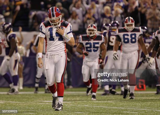 Ryan Fitzpatrick of the Buffalo Bills walks from the field after throwing an interception against the Minnesota Vikings at the Mall of America Field...