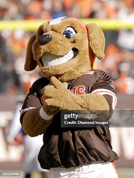 Mascot of the Cleveland Browns claps during pregame activities prior to a game with the Carolina Panthers on November 28, 2010 at Cleveland Browns...