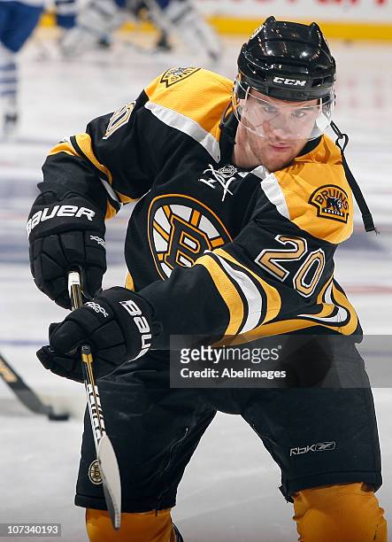 Daniel Paille of the Boston Bruins shoots during warmup before game action against the Toronto Maple Leafs at the Air Canada Centre December 4, 2010...