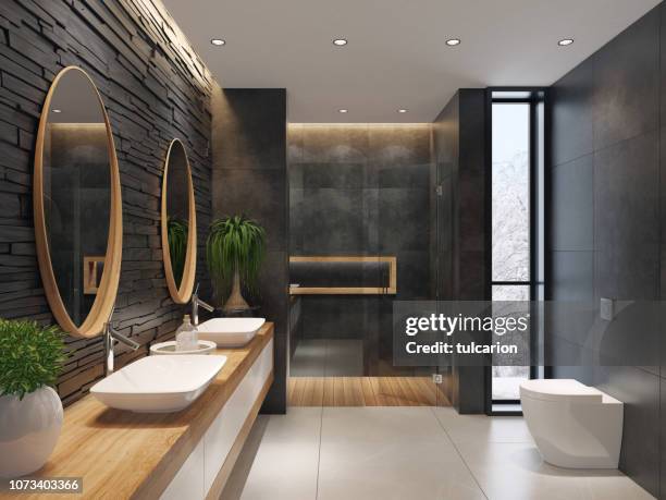 lujoso cuarto de baño minimalista con pared de piedra pizarra negra - wood shower walls fotografías e imágenes de stock