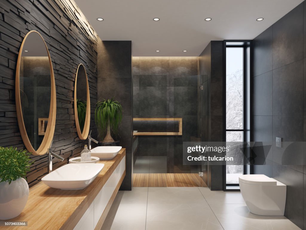 Luxurious minimalist bathroom with slate black stone wall