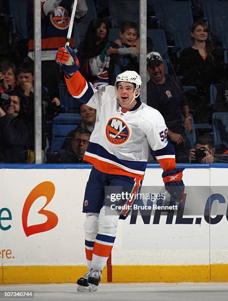 Jesse Joensuu of the New York Islanders celebrates a goal by Frans Nielsen at 5:48 of the third period against the Philadelphia Flyers at the Nassau...