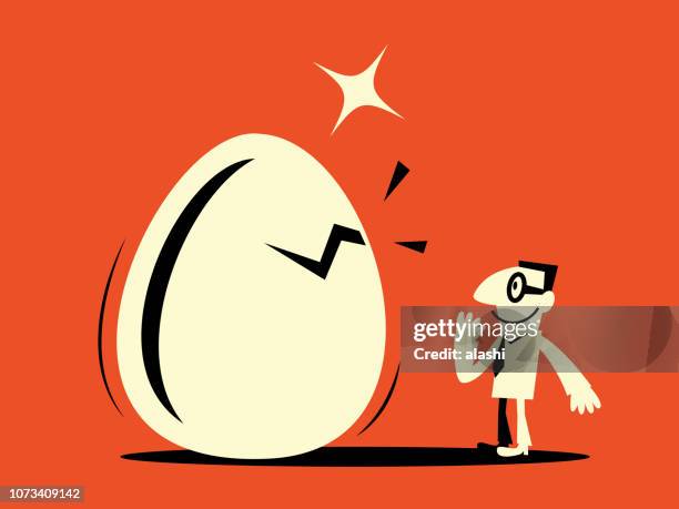 smiling businessman waiting for a big egg to hatch - vehicle hatch stock illustrations