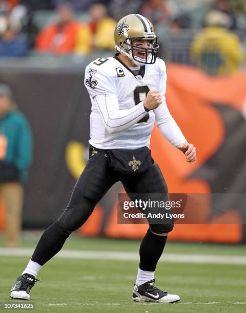 Dree Brees of the New Orleans Saints celebrates after a touchdown during the NFL game against the Cincinnati Bengals at Paul Brown Stadium on...