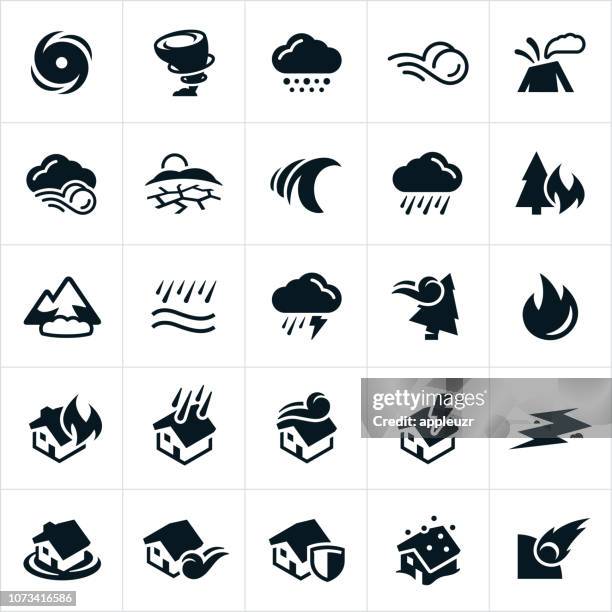 ilustraciones, imágenes clip art, dibujos animados e iconos de stock de iconos del desastre natural - home disaster