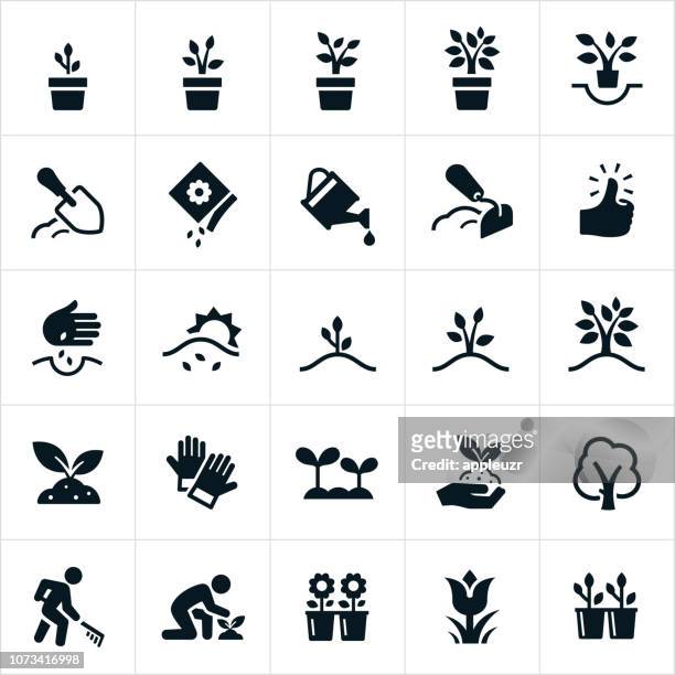 ilustraciones, imágenes clip art, dibujos animados e iconos de stock de plantación y cultivo de los iconos - gardening icons