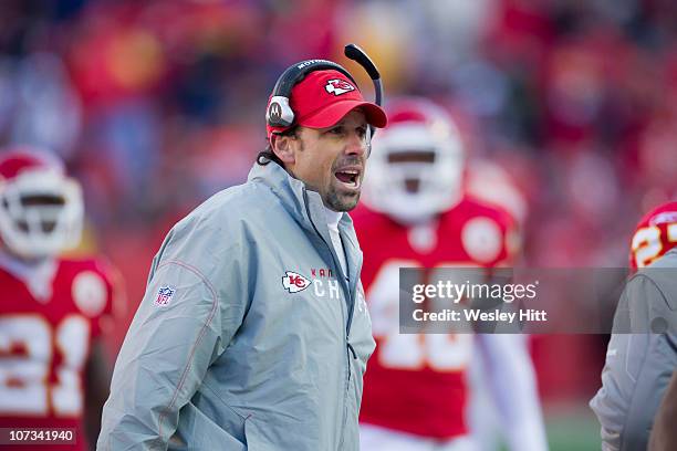 Head Coach Todd Haley of the Kansas City Chiefs yells at the referees during a game against the Denver Broncos on December 5, 2010 at Arrowhead...