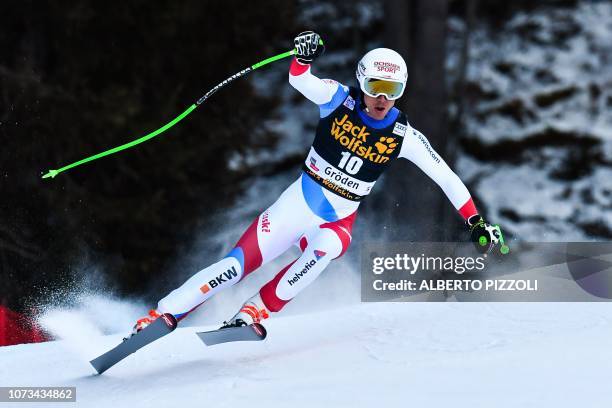 Switzerland's Carlo Janka competes in the FIS Alpine World Cup Men Downhill on December 15, 2018 in Val Gardena - Groeden, Italian Alps.