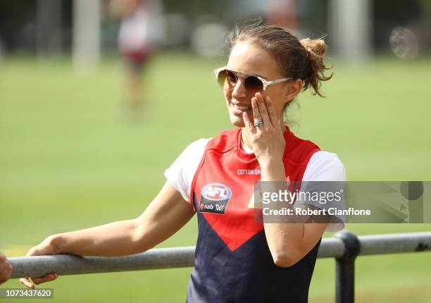 Actress Natalie Portman is seen during a Melbourne Demons AFL training session at Gosch's Paddock on November 28, 2018 in Melbourne, Australia.