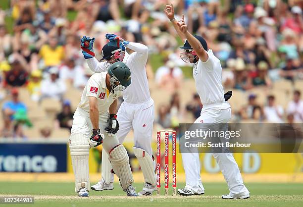 Simon Katich of Australia is out caught by Matt Prior of England during day four of the Second Ashes Test match between Australia and England at...