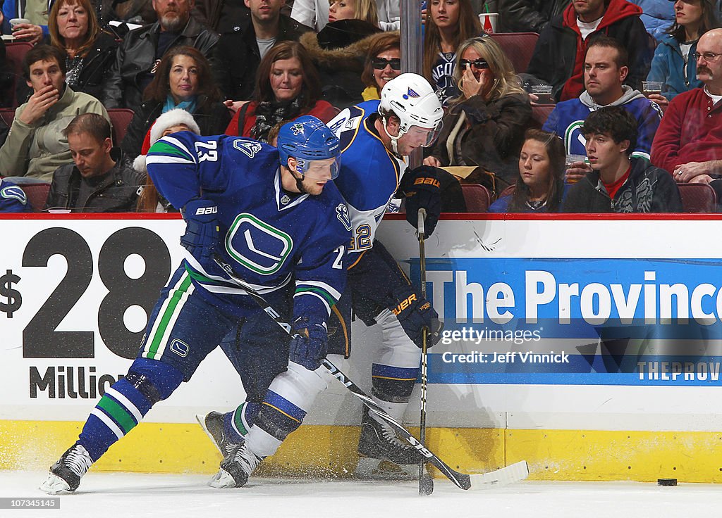 Alexander Backes Alexander Edler of the Vancouver Canucks battles David Backes of the ...