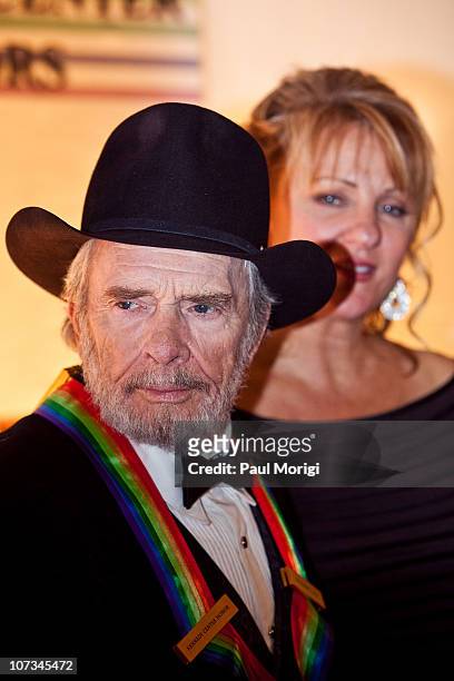 Honoree Merle Haggard and Theresa Ann Lane arrive at the 33rd Annual Kennedy Center Honors at the Kennedy Center Hall of States on December 5, 2010...